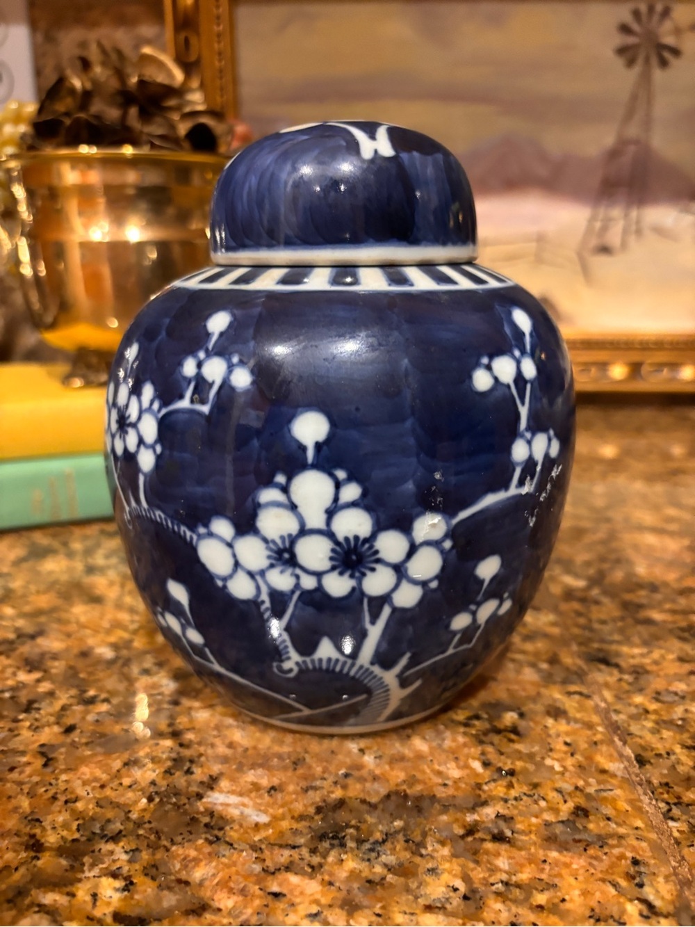 Blue White Porcelain Ginger Jar Prunus Plum Blossom Lidded Vase 7” Asian Decor